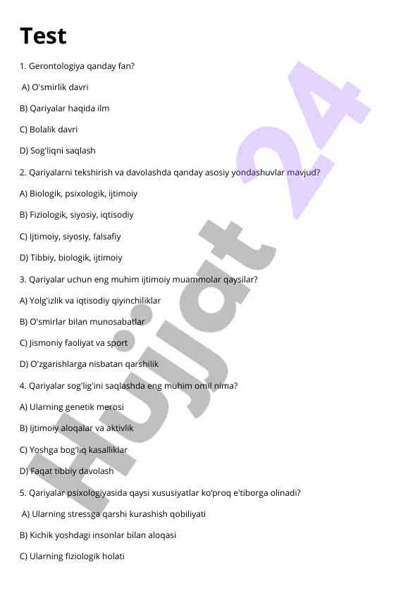 Gerontologiya va qariyalar psixologiyasi savollari