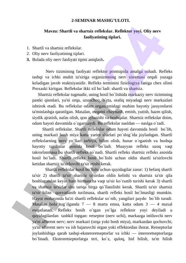 Oliy nerv faoliyati va reflekslar tushunchasi