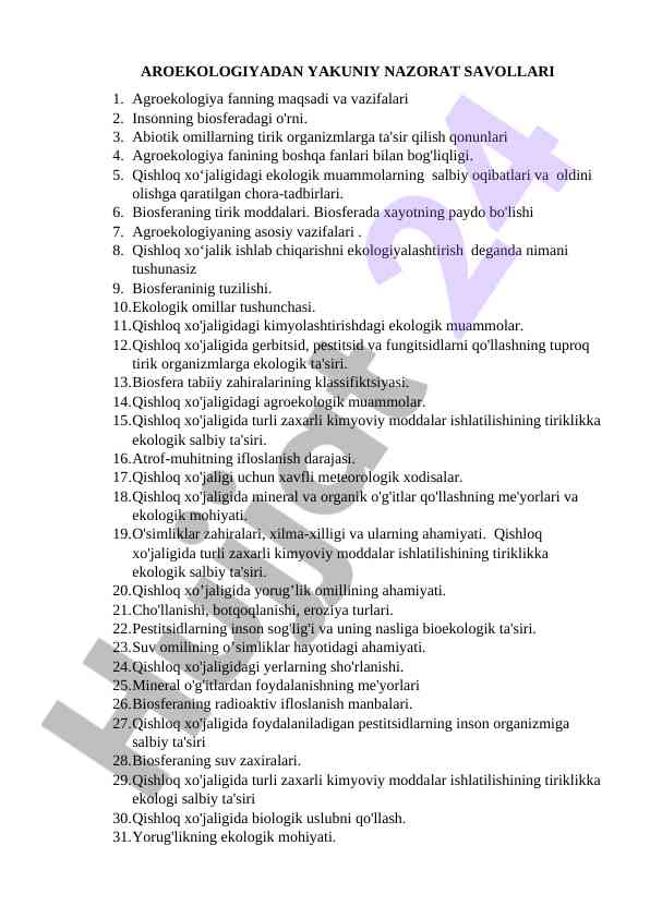 Agroekologiya fanidan yakuniy nazorat savollari