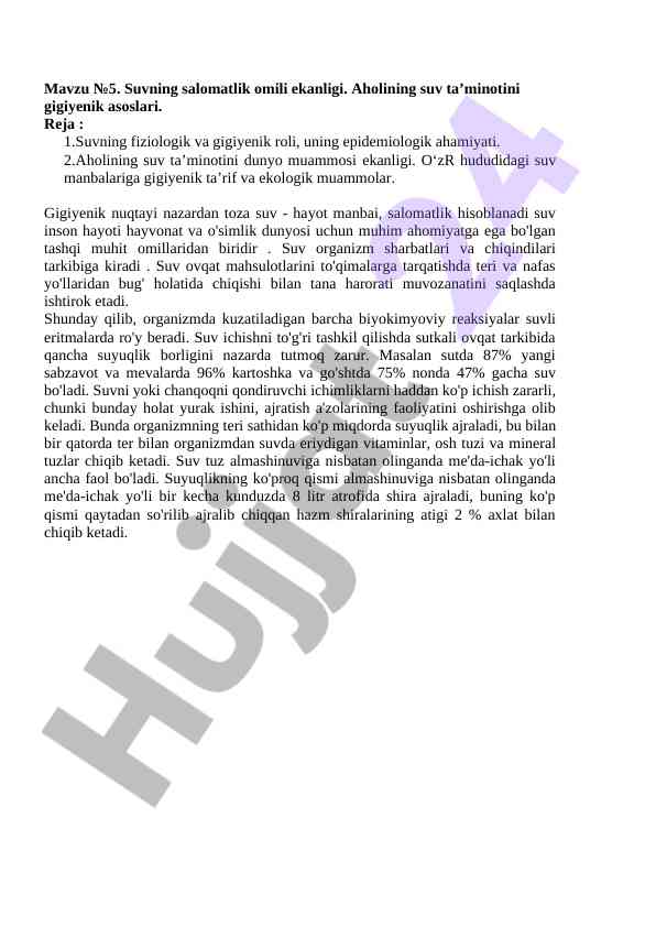 Suvning salomatlikda ahamiyati va gigiyenik asoslar