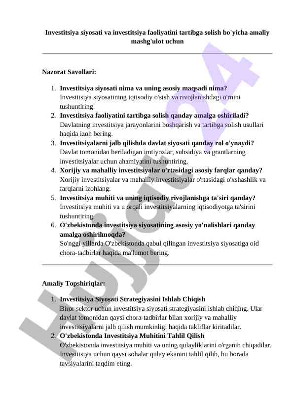 Investitsiya siyosati va faoliyatini tartibga solish