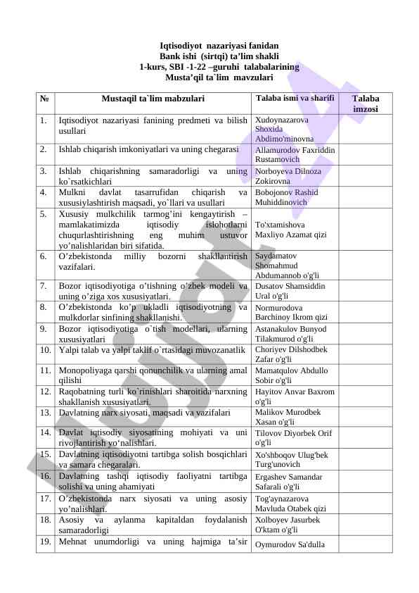 Iqtisodiyot nazariyasi fanidan mustaqil ta'lim mavzulari
