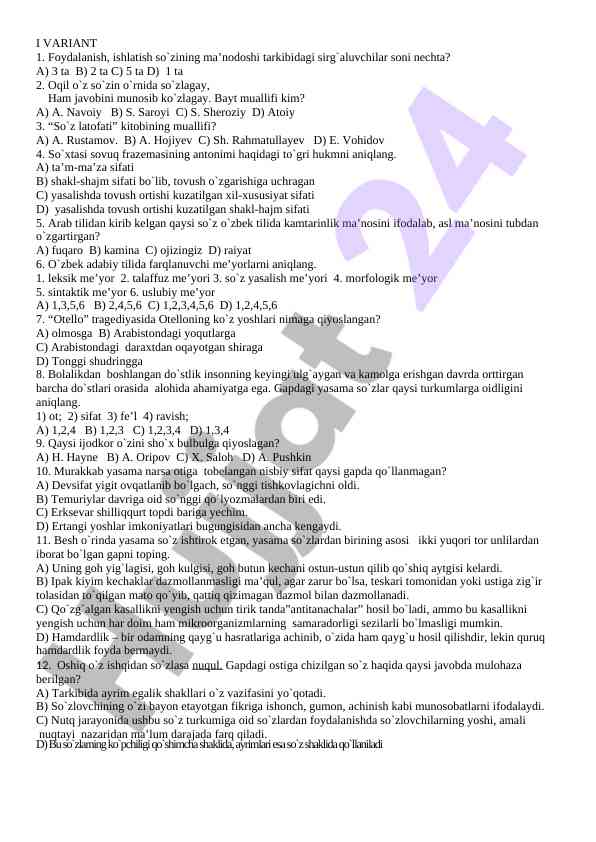 O‘zbek adabiy tiliga oid savollar