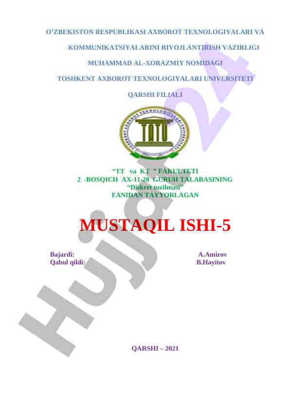 Diskret tuzilmasi fanidan mustaqil ish