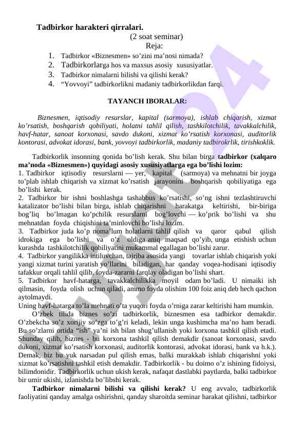 Tadbirkor harakteri qirralari seminar reja