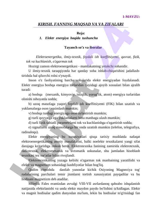 Elektr energiyasi va uning muammolari