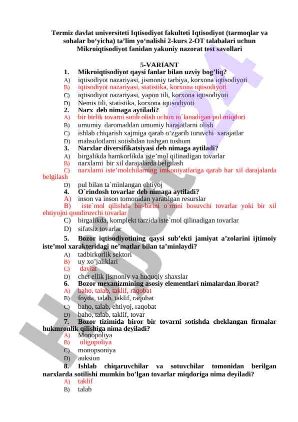 Mikroiqtisodiyot fanidan yakuniy nazorat test savollari
