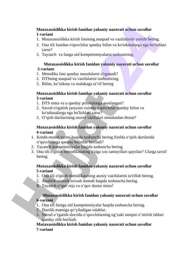 Mutaxassislikka kirish fanidan yakuniy nazorati savollari