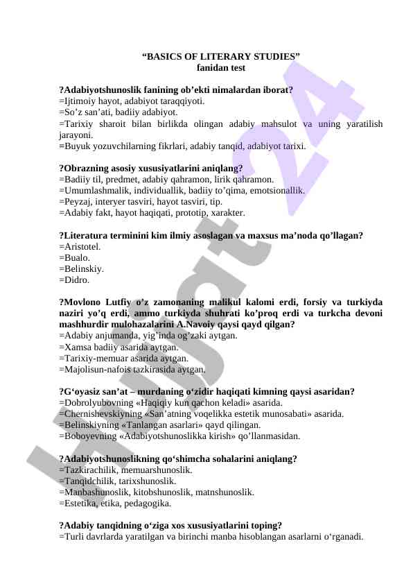 Adabiyotshunoslik fanidan test savollari