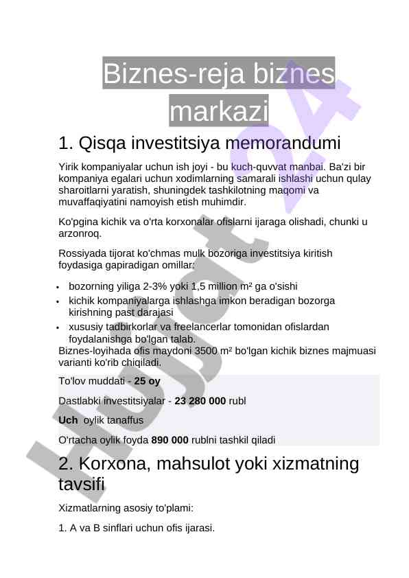 Yirik kompaniyalar uchun biznes reja yaratish