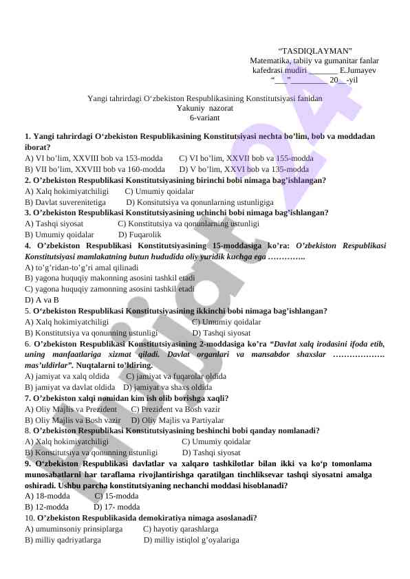Yangi tahrirdagi o‘zbekiston respublikasi konstitutsiyasi test