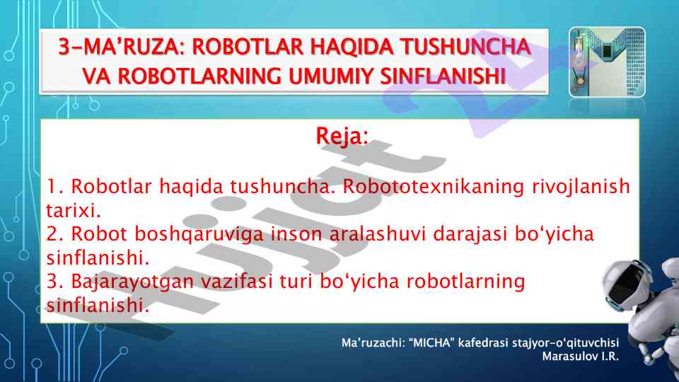 Robota haqida tushuncha va sinflanishi