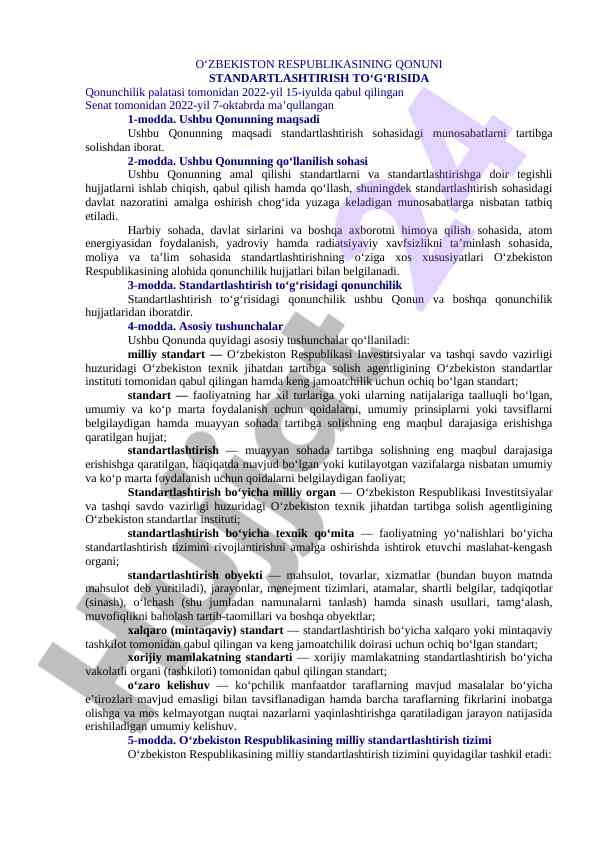 O‘zbekiston respublikasi standartlashtirish qonuni