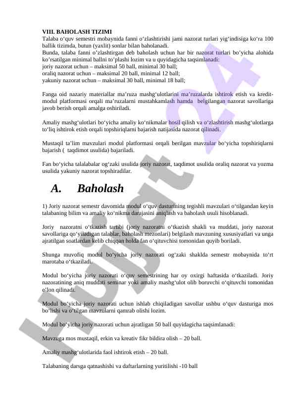 Baholash tizimi va nazorat turlari