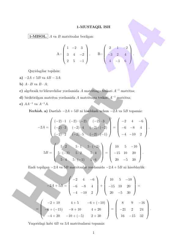 Matritsalar operatsiyalari va algebraik to‘ldiruvchilar