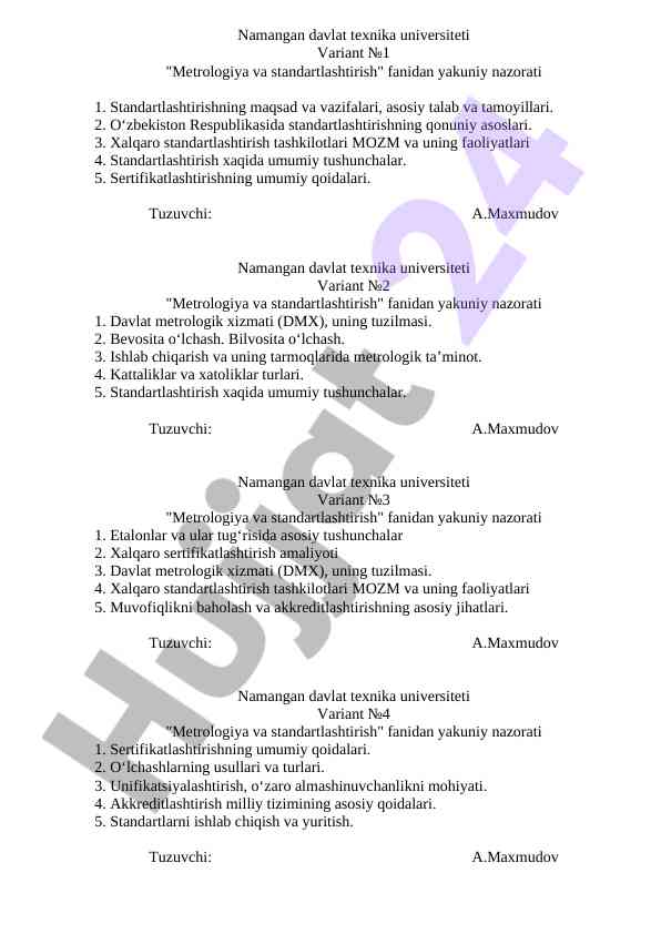 Metrologiya va standartlashtirish fanidan yakuniy nazorat