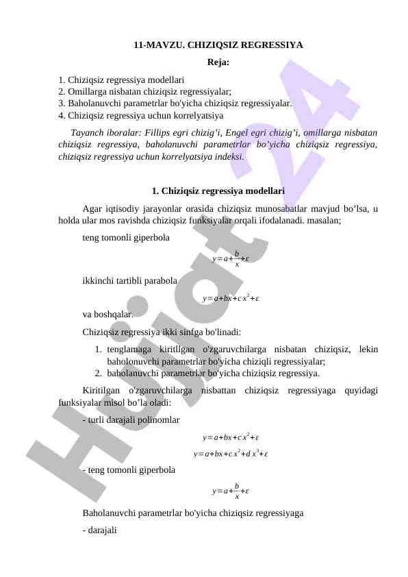 Chiziqsiz Regressiya Modellari Va Ularning Tahlili