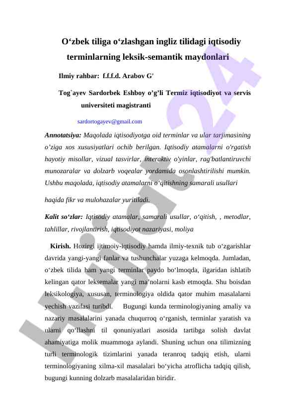 O‘zbek tilidagi iqtisodiy terminlarning tahlili
