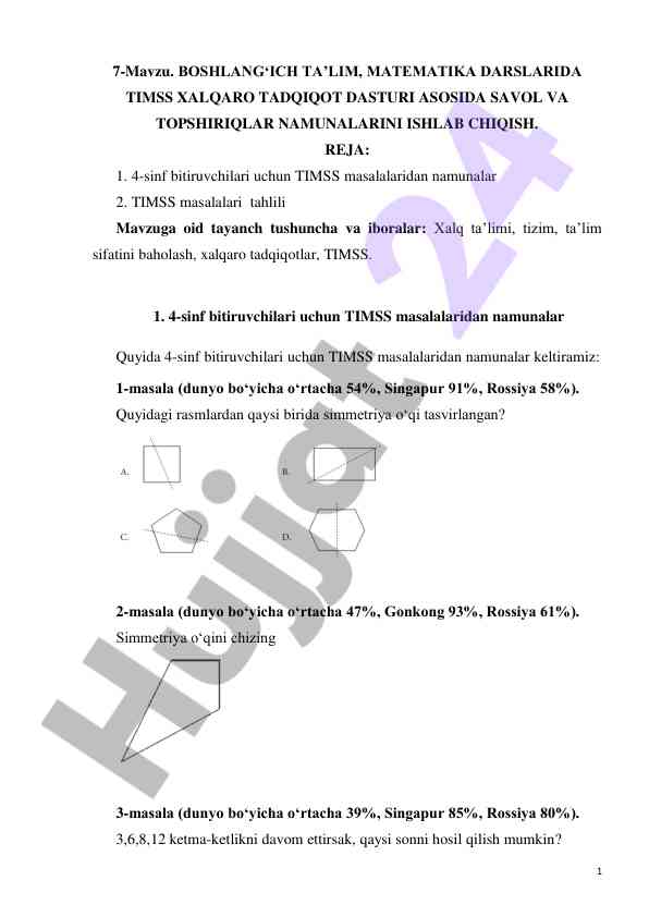 Boshlang‘ich ta’limda timss matematik masalalar