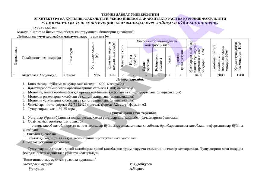 Temirbeton va tosh konstruktsiyalari kurs loyihasi
