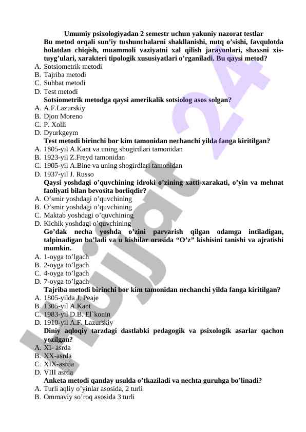 Umumiy psixologiya 2 semestr uchun nazorat testlari