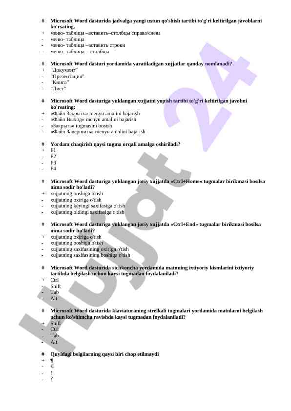 Microsoft Word Dasturi Bo'yicha Savollar
