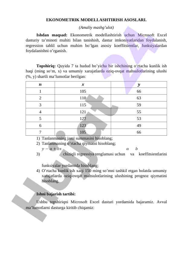 Ekonometrik modellashtirish asoslari amaliy mashg’ulot