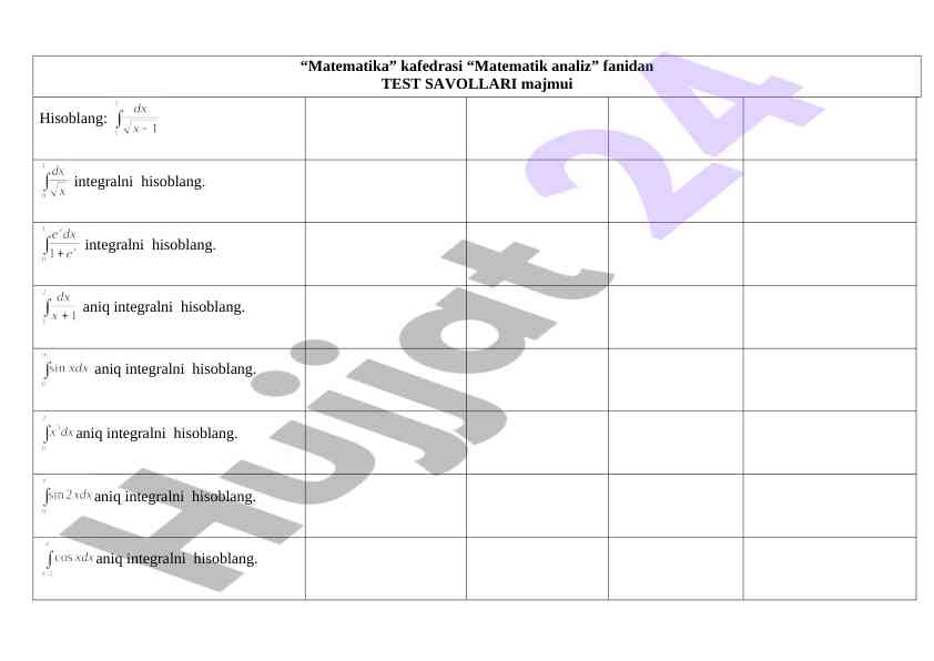 Matematik analiz fanidan test savollari