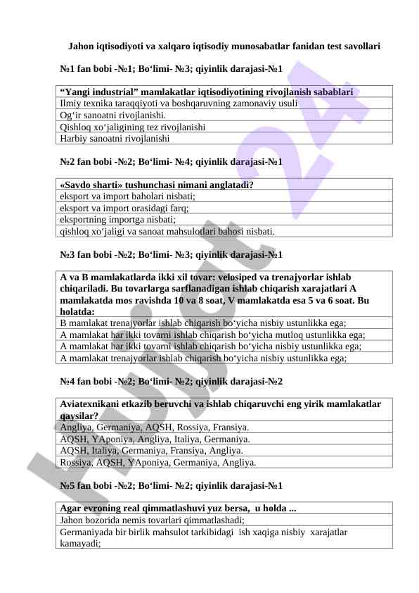 Jahon iqtisodiyoti va xalqaro iqtisodiy munosabatlar test savollari