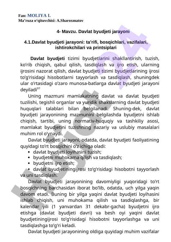 Davlat byudjeti jarayoni haqida ma’ruza