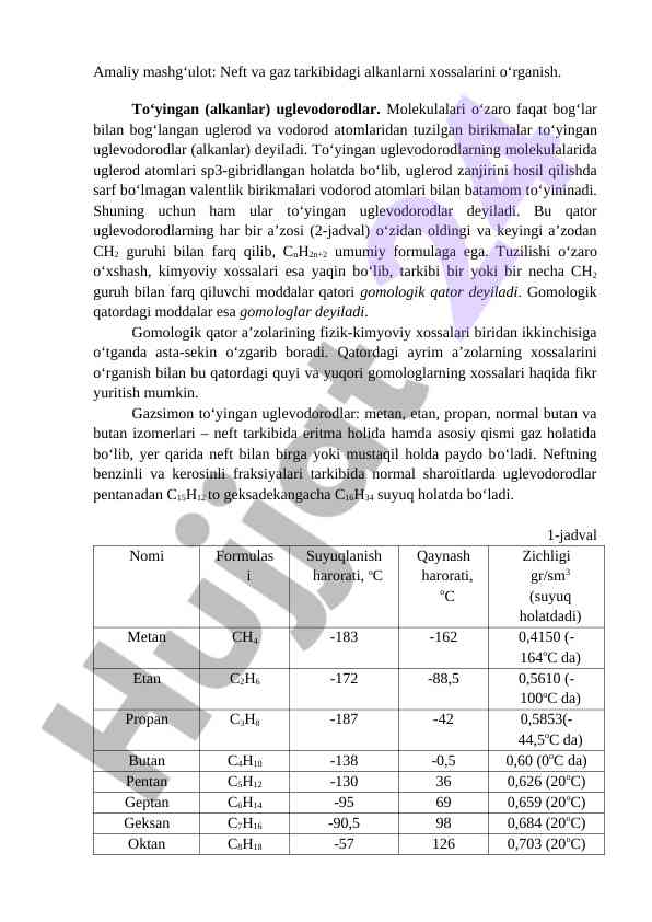 Neft va gaz tarkibidagi alkanlarning xossalari