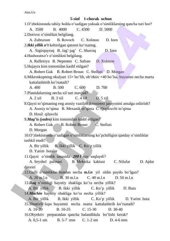 5-sinf 1-chorak biologiya savollari