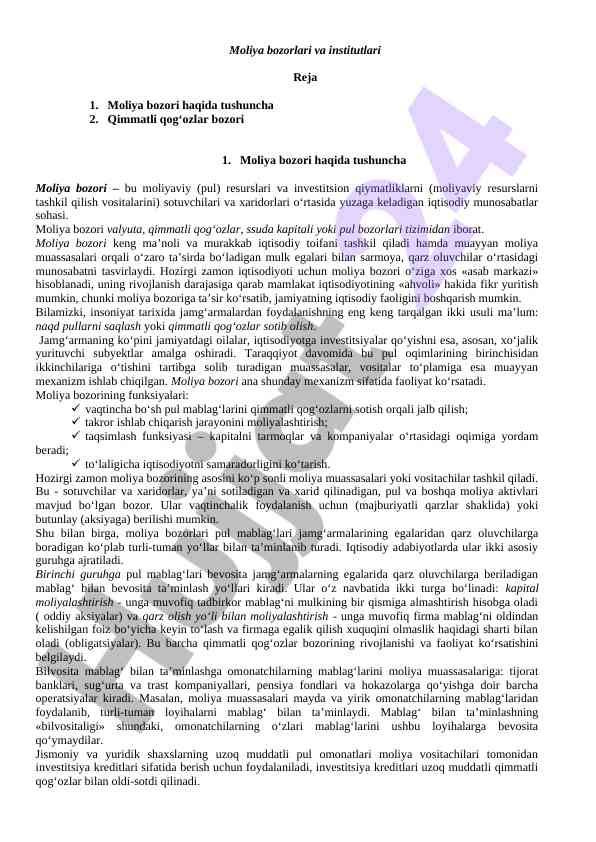 Moliya bozori va institutlari haqida tushuncha