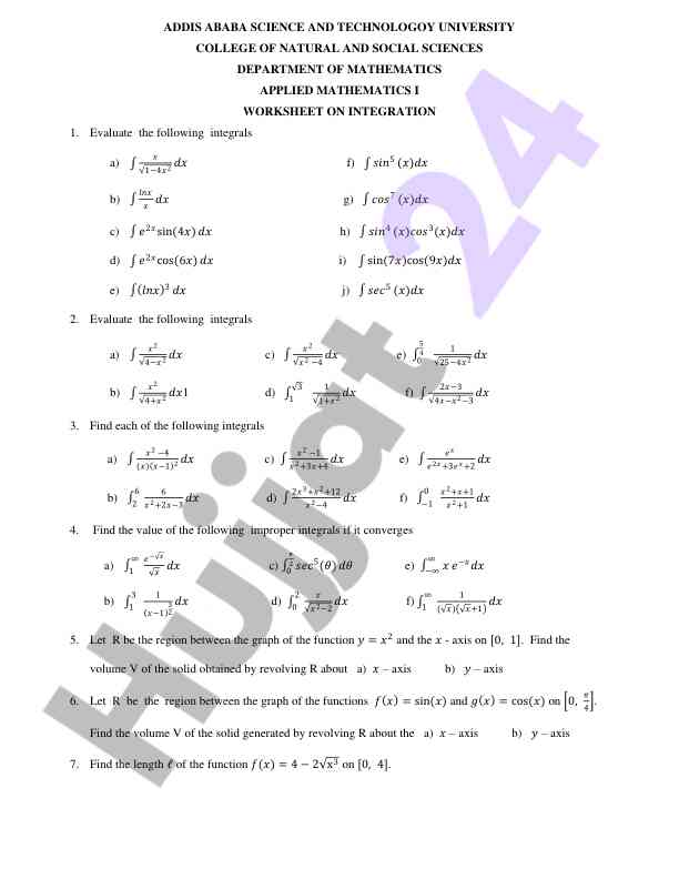 Integration worksheet for applied mathematics