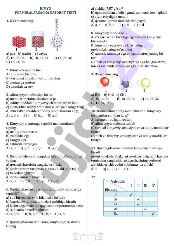 Kimyo formulalariga nazorat testi