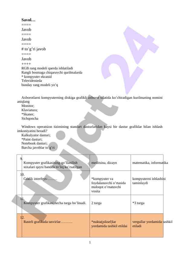 Rgb rang modeli va kompyuter grafikasiga oid test