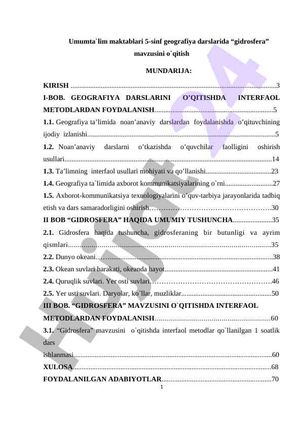 Gidrosfera mavzusini o'qtish usullari bo'yicha kurs ishlari