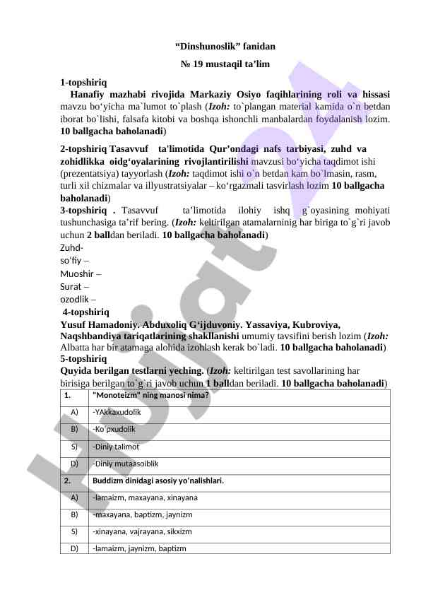 Mustaqil ta'lim topshiriqlari bo'yicha ma'lumotlar