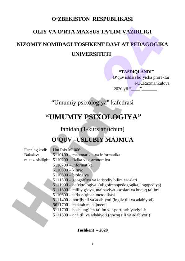 Umumiy psixologiya o‘quv-uslubiy majmua