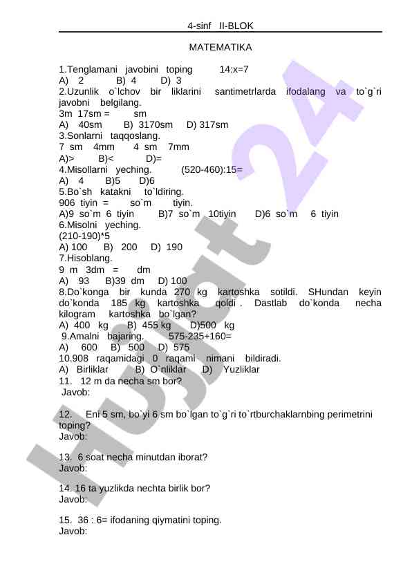 4-sinf matematika test mavzulari va masalalarning javoblari