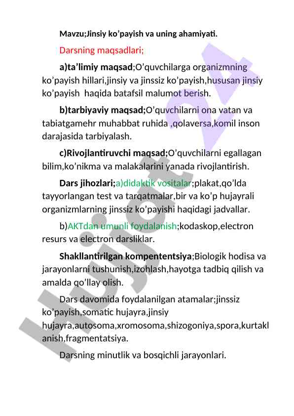 Jinsiy ko’payish va uning ahamiyati darsi