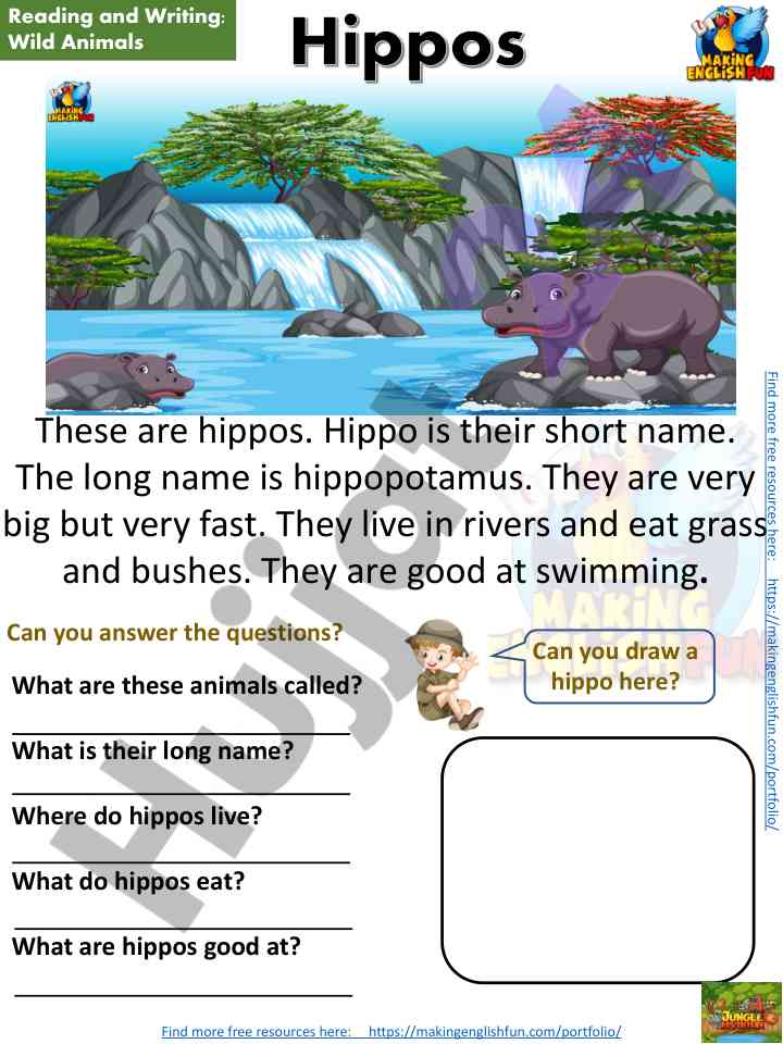 Hippos and lions: reading and writing activities