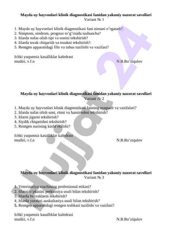 Mayda uy hayvonlari klinik diagnostikasi savollari