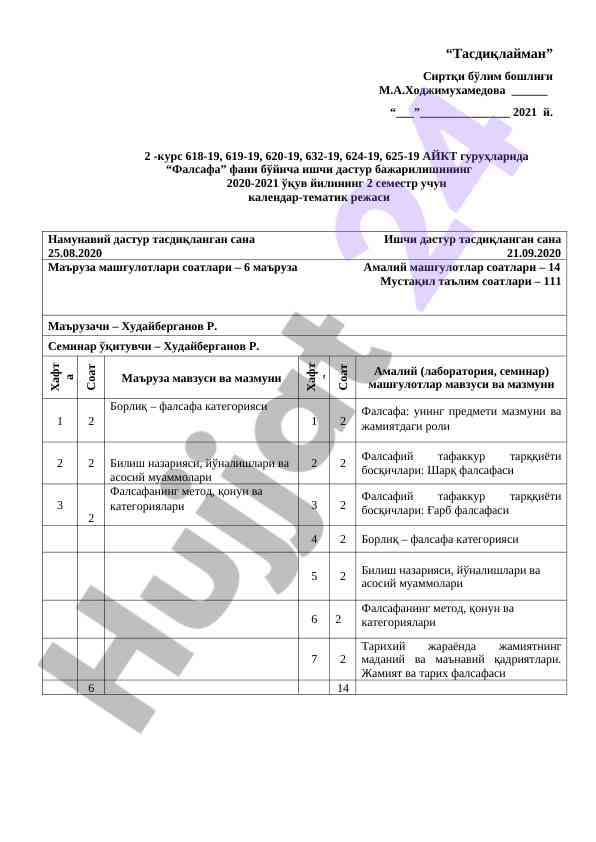 Фалсафа фани бўйича ишчи дастур режаси