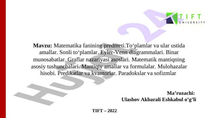 Matematika fanining predmeti va amallari