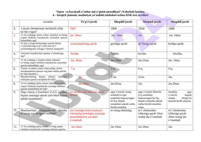 Voleybol dak test savollari metodikasi