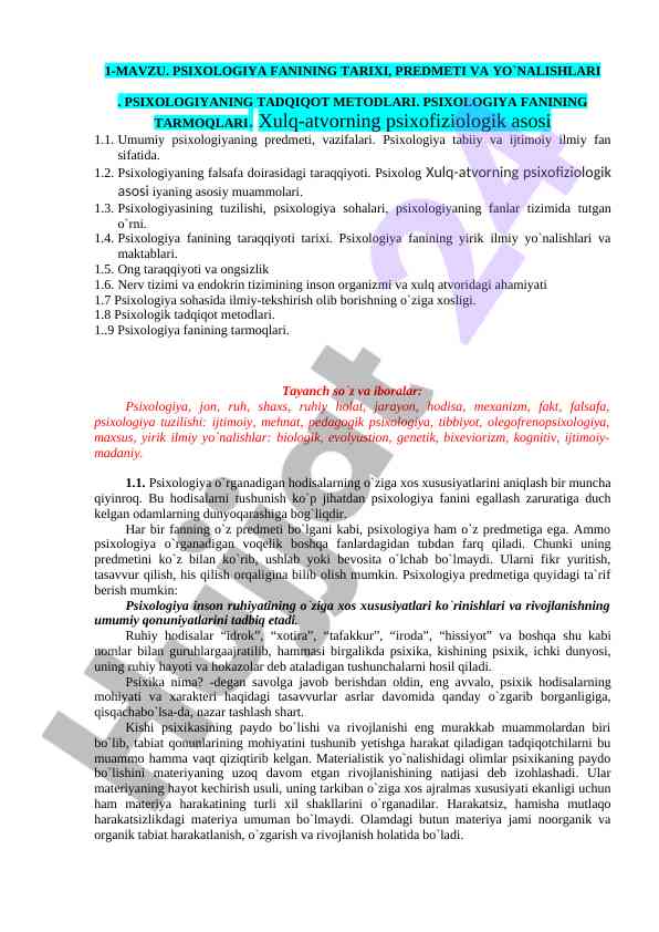 Psixologiyaning tarixi va yo'nalishlari