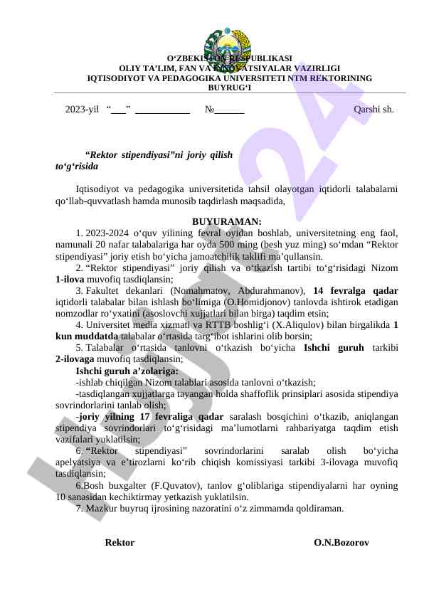 Rektor stipendiyasi joriy qilish to’g’risida qaror