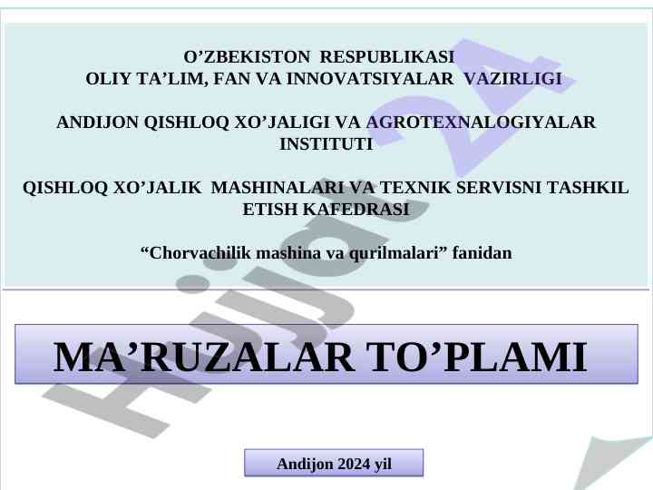 Chorvachilik mashina va qurilmalari fanidan ma'ruzalar to'plami