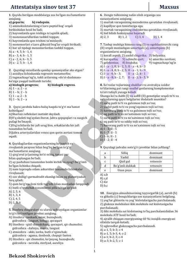 Attestatsiya sinov testlari va biodiversity misollari